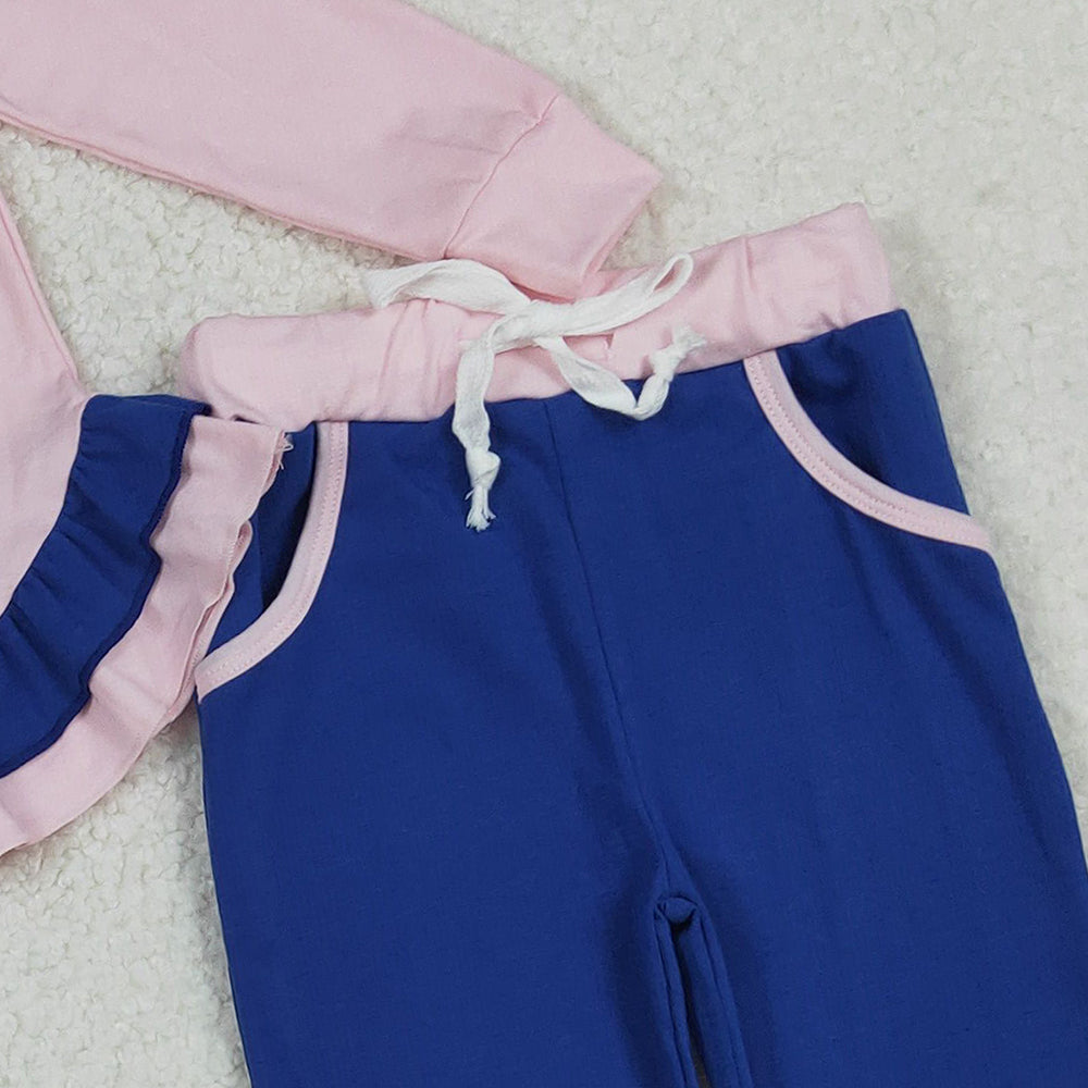 RTS NO MOQ （In stock）GLP2401  Baby Girls Winter Outfits Light Pink Ruffle Shirts Top Pockets Legging Pants Sets
