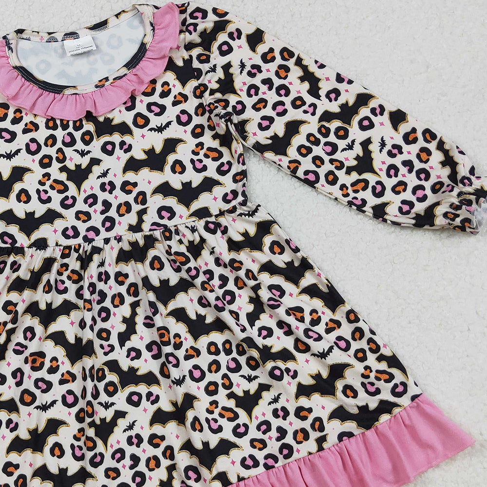 RTS NO MOQ （In stock）GLD1224 Baby Girls Winter Dress Halloween Leopard Bats Knee-Length Dress