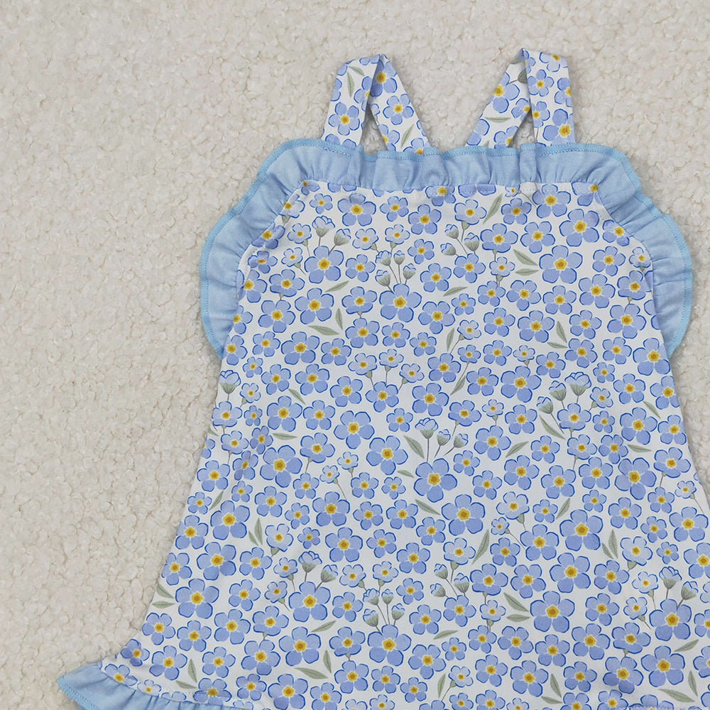 4.08 SR2791 RTS NO MOQ Straps blue ruffle floral baby girls summer romper