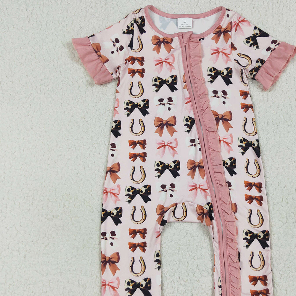 RTS NO MOQ （In stock）SR3116  Baby Girls Summer Rompers Baby Girls Pink Short Ruffle Sleeves Bows Horse Shoes Zipper Rompers