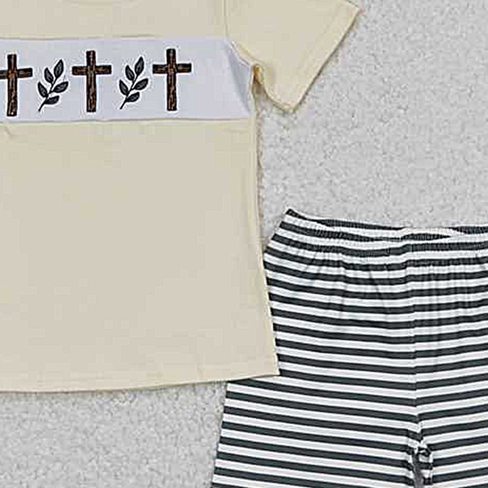 BSSO0459Boys Easter Outfit Short Sleeves Cross Top Stripe Shorts Spring Holiday Clothes for Kids