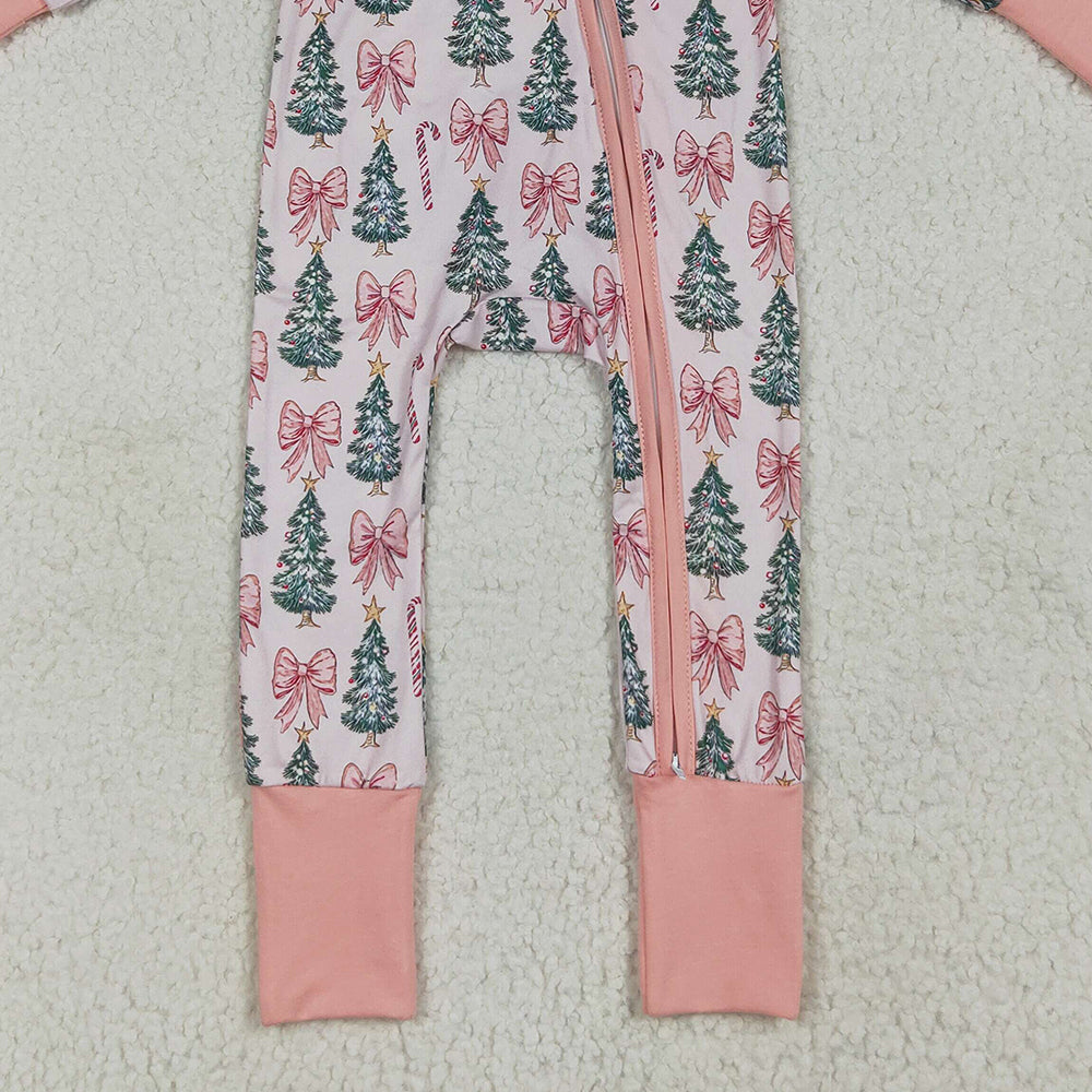 8.14 RTS NO MOQ （In stock） LR2283 Baby Girls Winter Rompers Baby Girls Long Sleeves Pink Bows Trees Zipper Pant Rompers