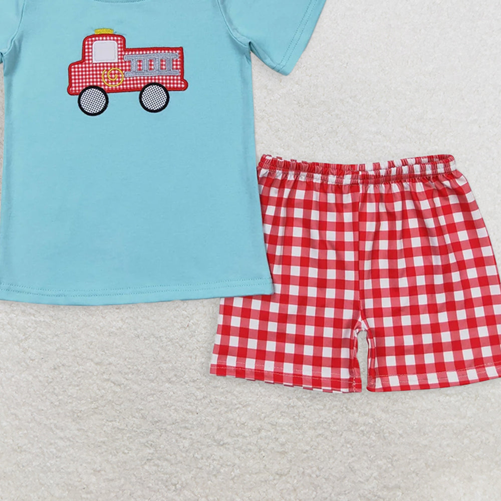 BSSO0549RTS NO MOQ Baby Boys Summer Boys Outfits  Baby Boys Fire Truck Shirt Top Checkered Shorts Clothes Sets