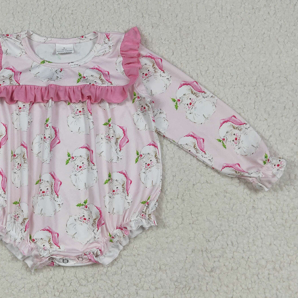 RTS NO MOQ （In stock）LR2208 Baby Girls Winter Rompers Baby Girls Christmas Pink Santa Ruffle Rompers
