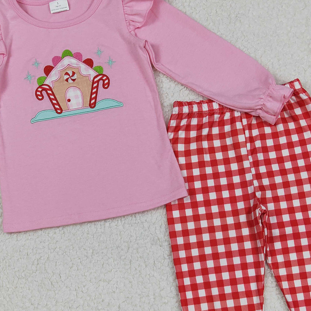 RTS NO MOQ （In stock）GLP2523 Baby Girls Winter Outfits Pink Christmas Candy Cane Print Top with Red Plaid Pants Outfit