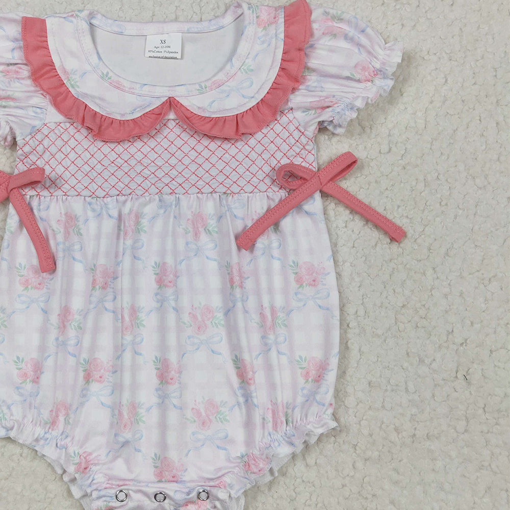 6.10 SR2917 RTS NO MOQ Baby Girls Summer Rompers EmbroideryShort sleeves floral bow plaid baby girls summer romper