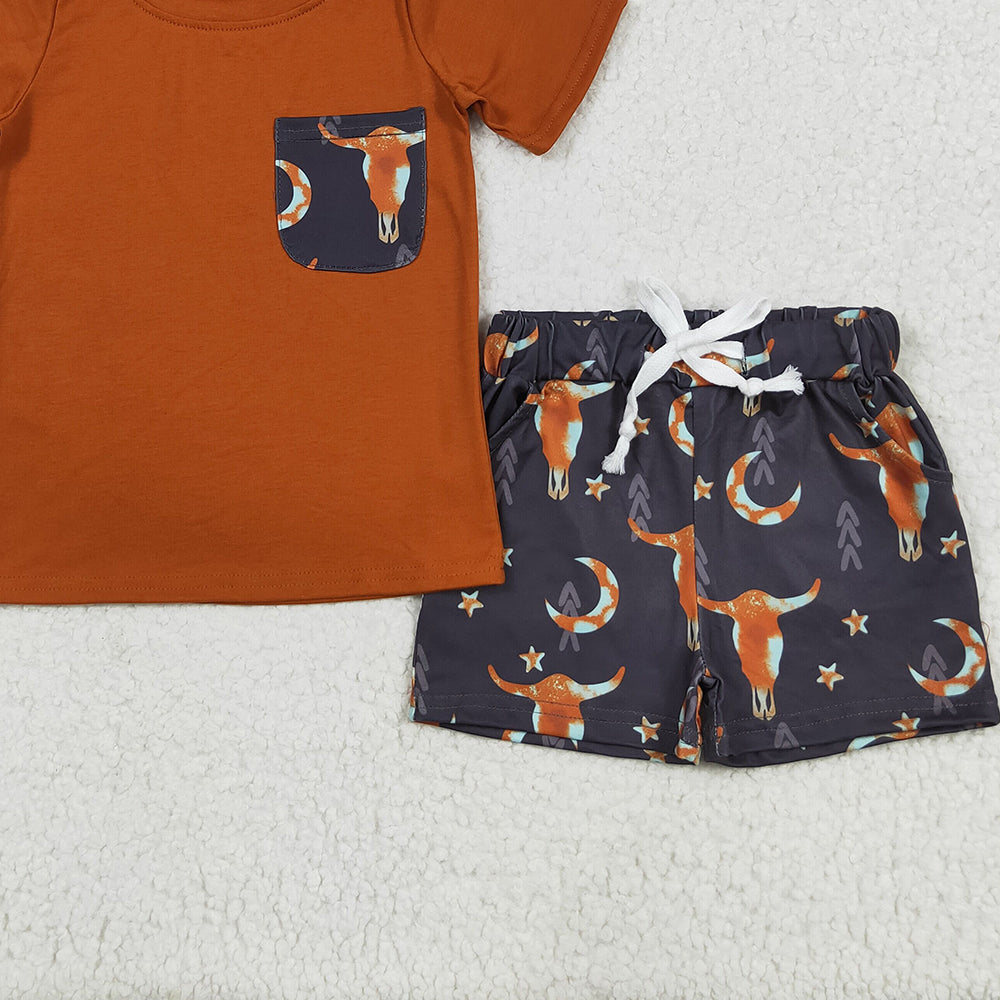 8.11  BSSO0758 RTS NO MOQ  Baby Boys Summer Boys Outfits Baby Boys Brown Shirt Top Cow Stars Western Shorts Clothes Sets