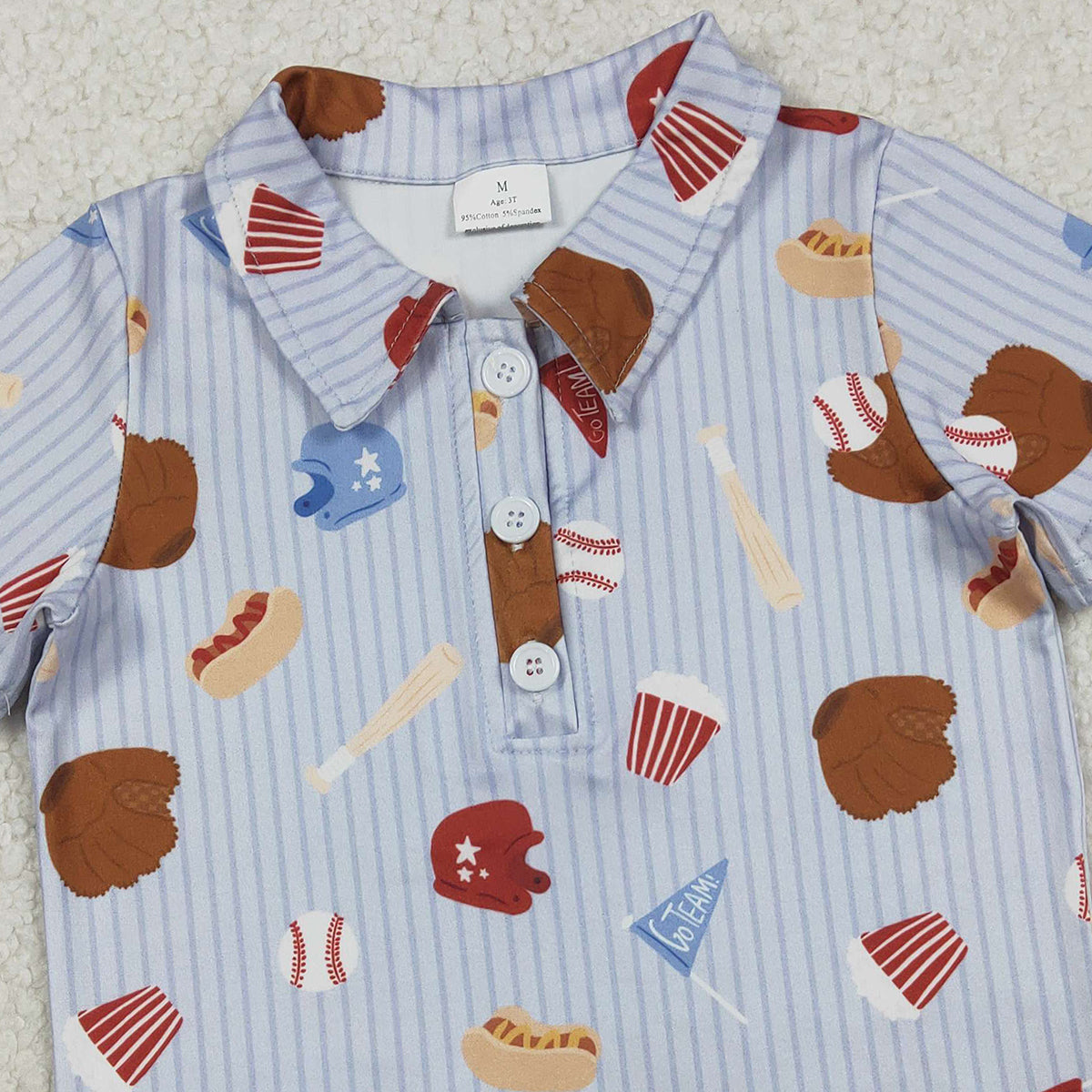 12.29 RTS NO MOQ （In stock）BT1580 Baby Boys Blue Stripe Baseballs Team Button Polo Shirts Top