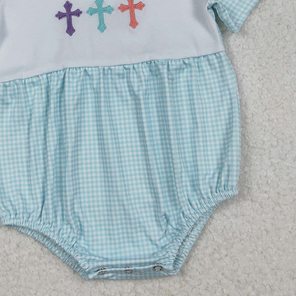11.8 RTS NO MOQ （In stock）SR3215 Baby Boys Summer Rompers Embroidery Crosses Baby Boys Blue Checked Short Sleeve Easter Rompers