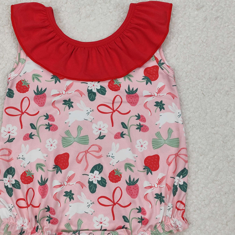 6.03  SR2582 New Rts No Moq 8-9 Days By Air Arrived it Sleeveless ruffle strawberry rabbit bow girls Easter romper
