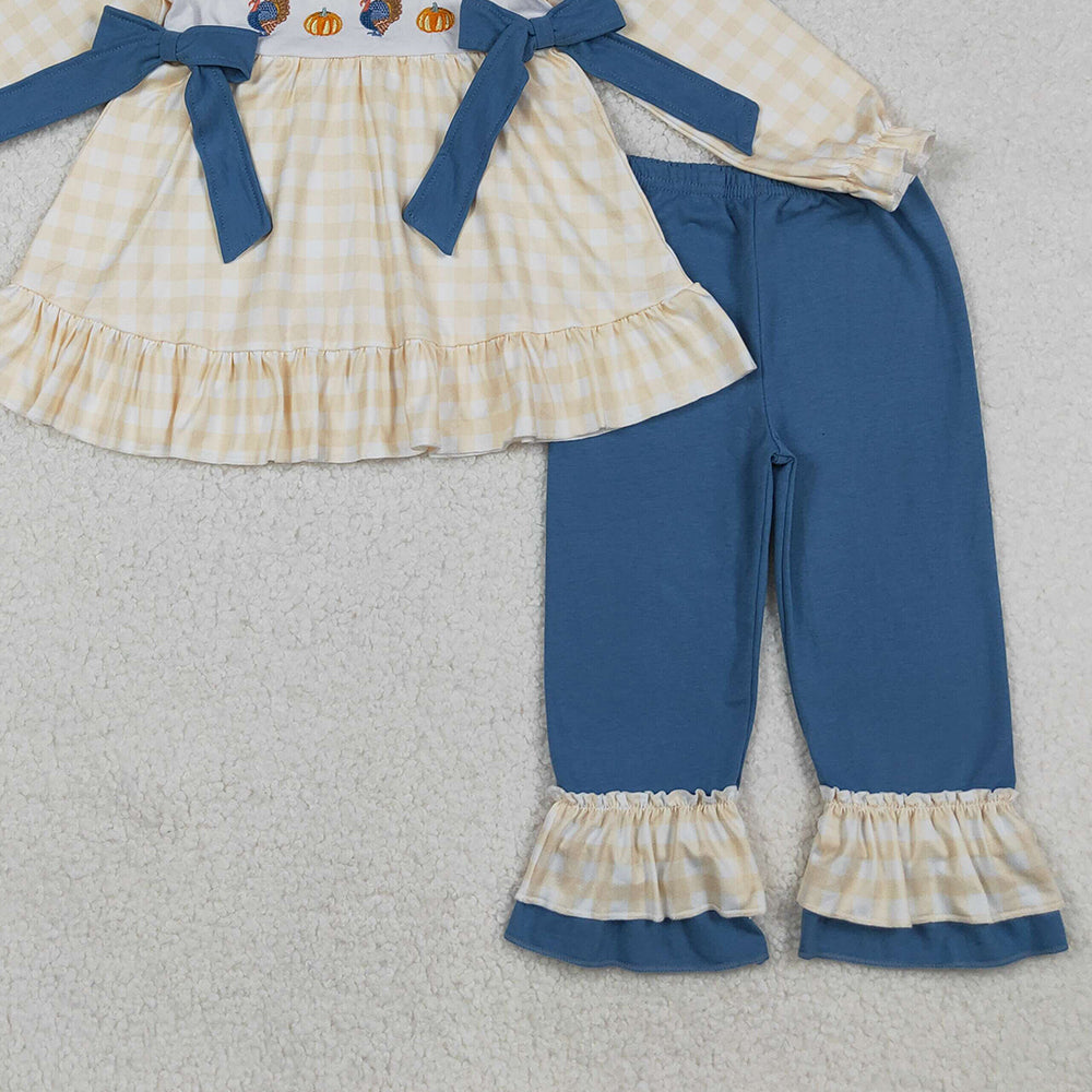 RTS NO MOQ （In stock）GLP2594  Baby Girls Winter Outfits Plaid Turkey Pumpkin Tunic Pants Set Thanksgiving Themed Outfit for Kids
