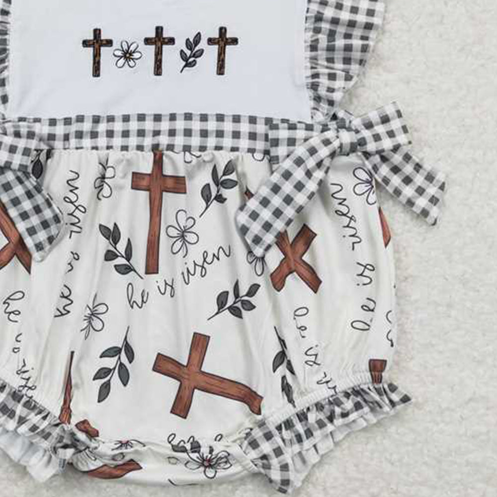 SR0813Cross Floral Baby Girls Easter Romper with Flutter Sleeves Girls Outfit Spring Clothing Toddler Dresses
