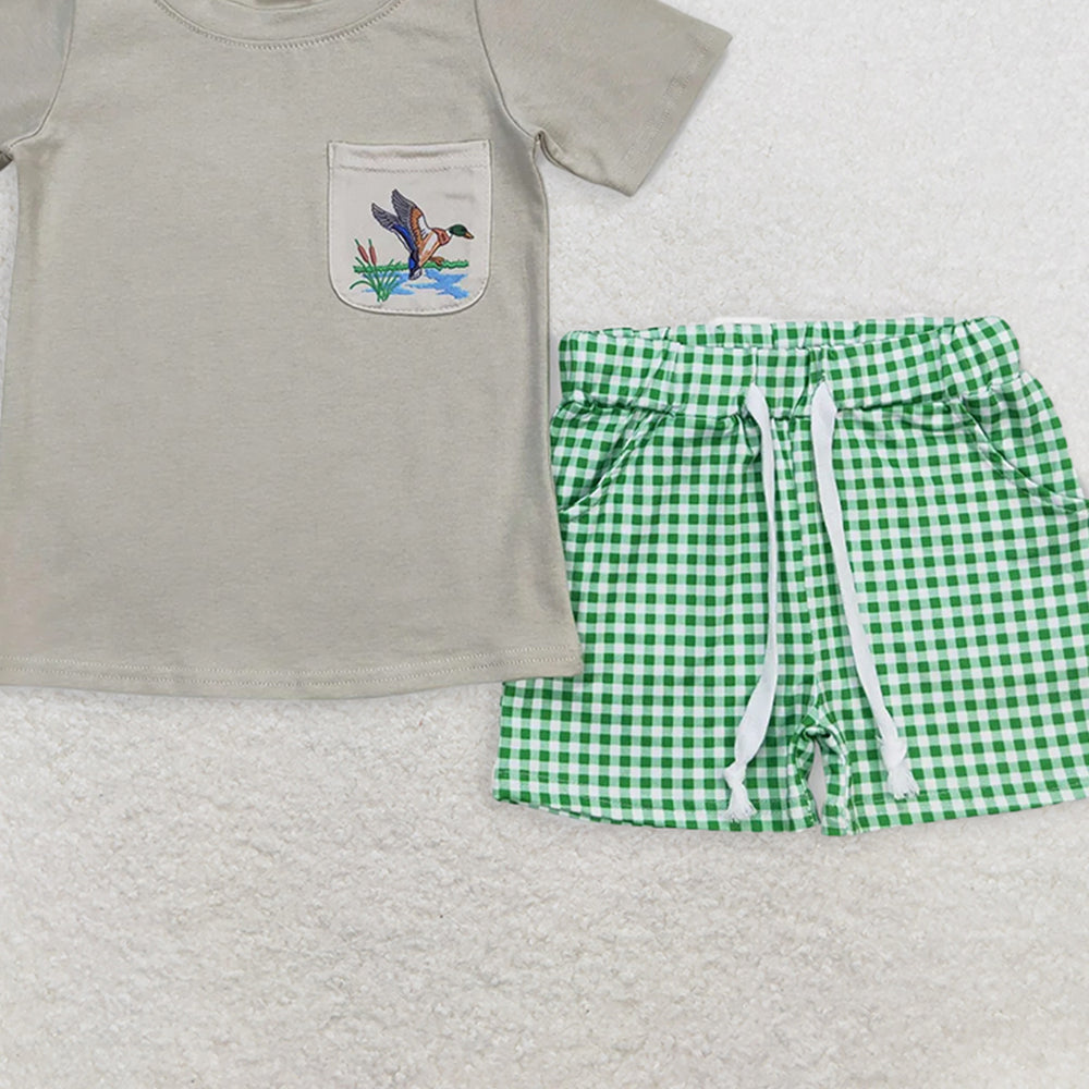 BSSO0734 RTS NO MOQ Baby Boys Summer Boys Outfits Baby Boys Ducks Green Shirt Checkered Shorts Clothes Sets