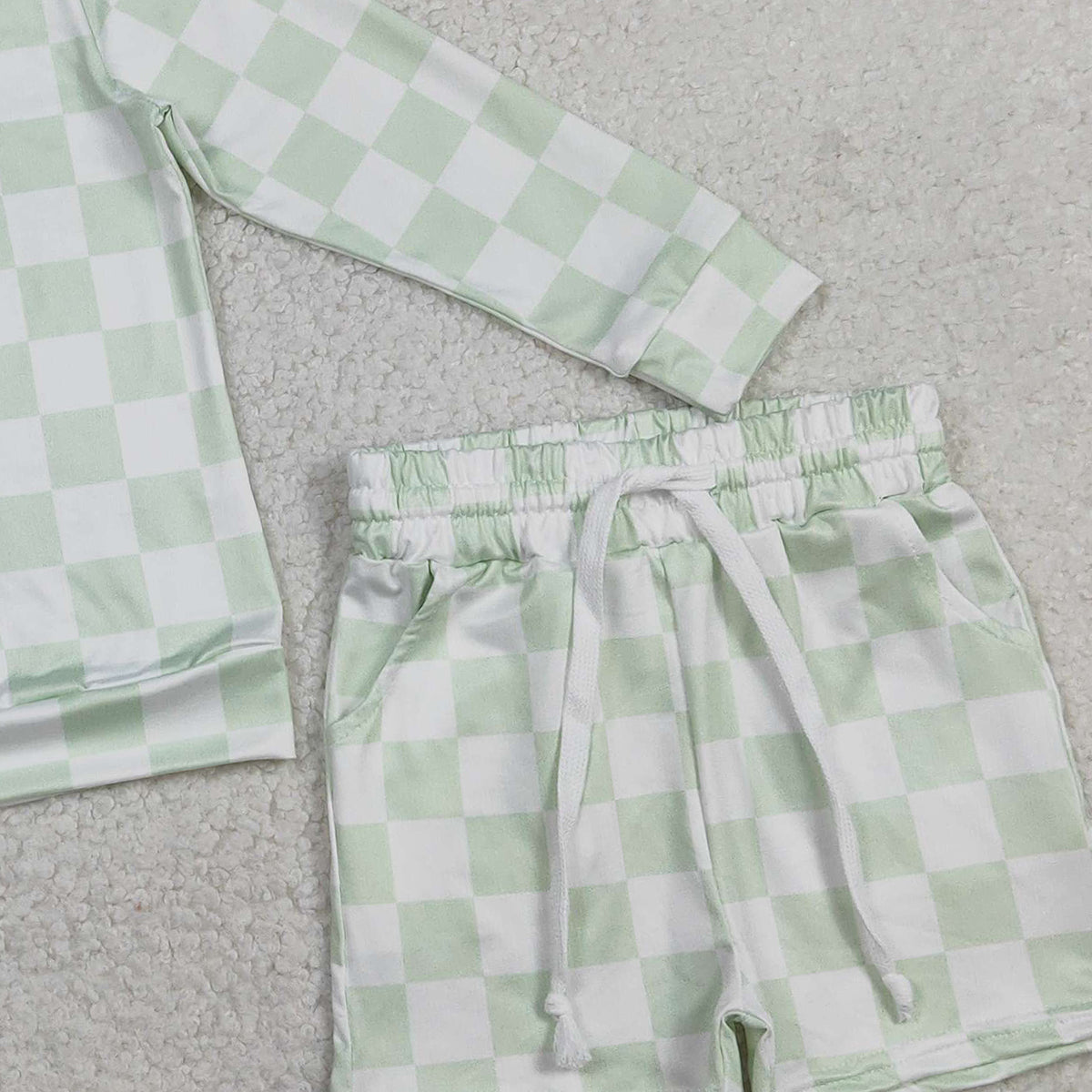 2.6 RTS NO MOQ （In stock）GLS0086 Baby Girls Light Green Checked Long Sleeve Top Pockets Shorts Clothes Sets