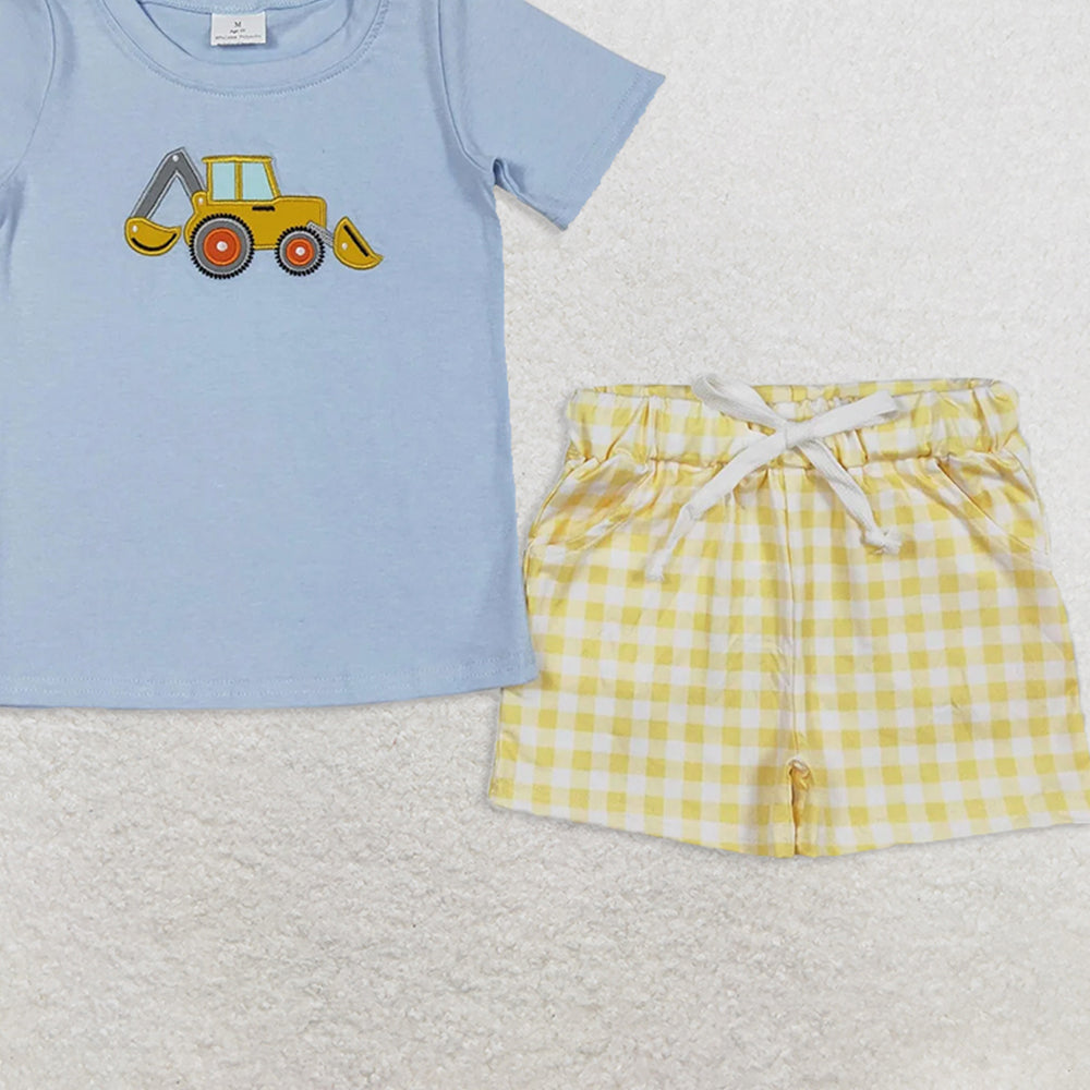 BSSO1117RTS NO MOQ Baby Boys Summer Boys Outfits Boys' Charming Short-Sleeved Light Blue Construction Clothes for Everyday