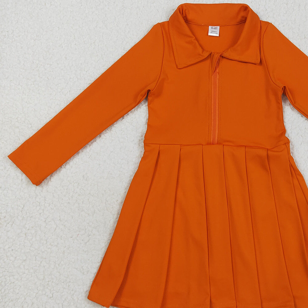 RTS NO MOQ （In stock）GLD1149 Baby Girls Yoga Dress Baby Girls Orange Long Sleeves Zipper Knee Length Dresses