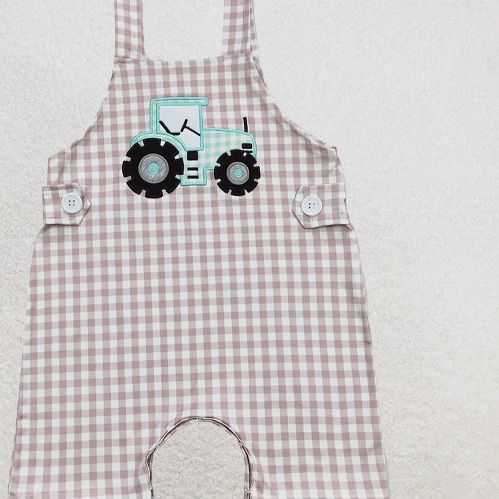 SR0631 RTS NO MOQ Baby Boys Summer Rompers Baby Infant Boys Straps Tractor Khaki Chekered Summer Farm Rompers