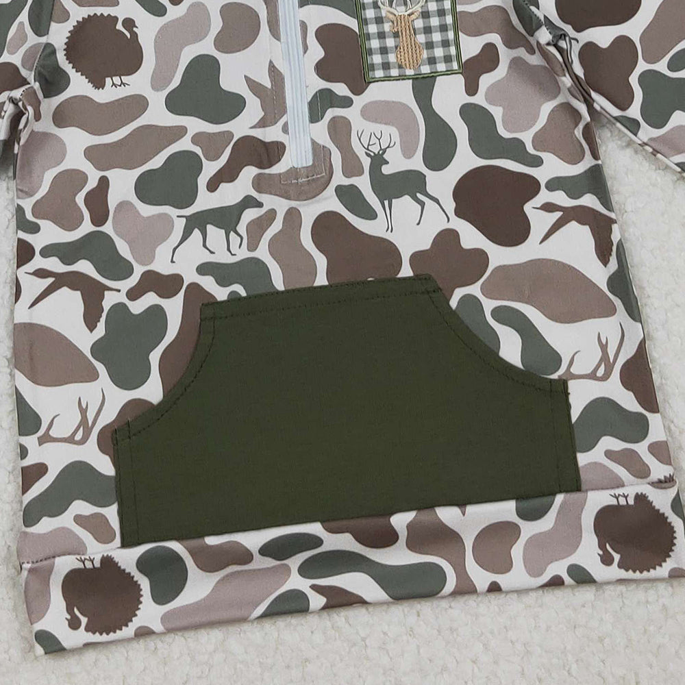 10.11 RTS NO MOQ （In stock）BT1304 Embroidery Deer Baby Boys Dog Ducks Camo Pocket Zipper Hunting Hoodies