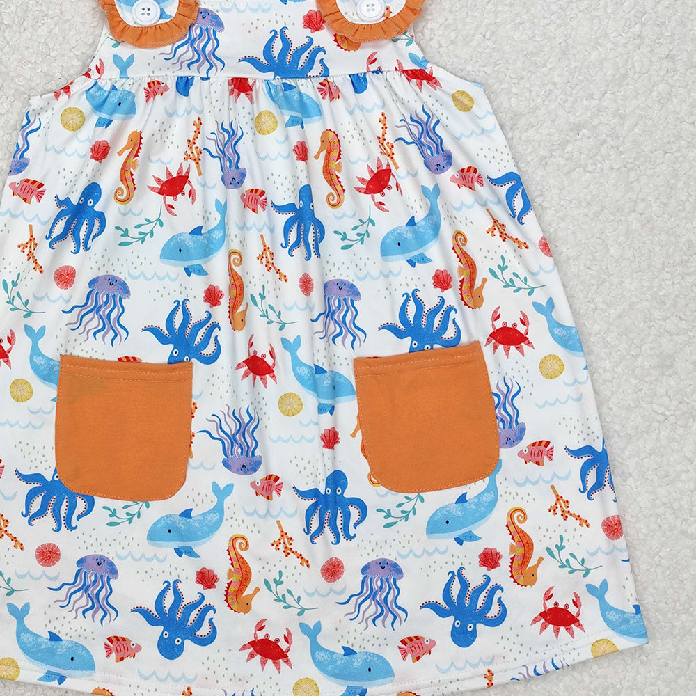 GSD1961Baby Girls Sleeveless Dress with Seahorse & Octopus Pockets Cute Sea Creature Print for Little Ones