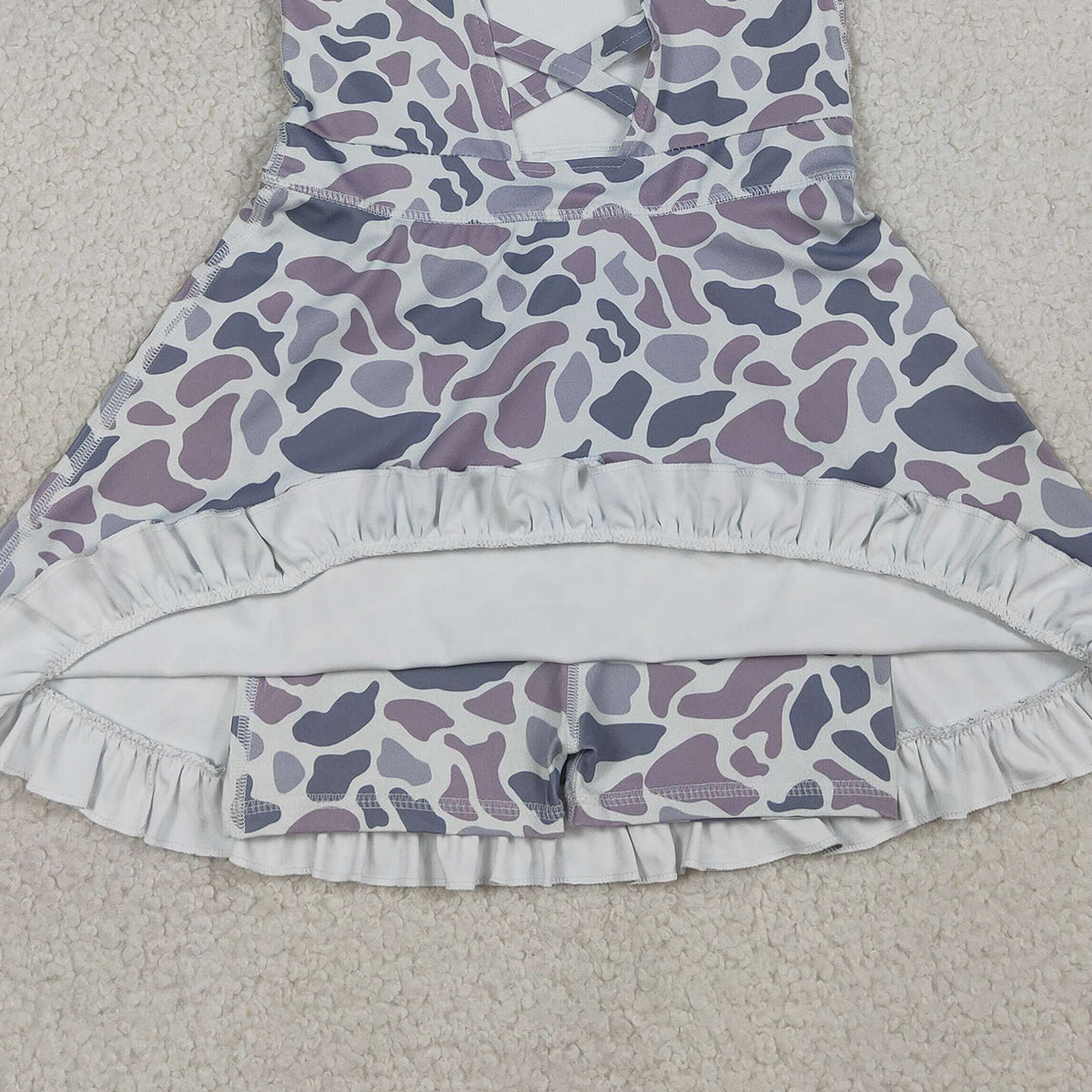 3.19 RTS NO MOQ （In stock）GSD2308 Kids Fashion Clothes Baby Girls Strap Light Gray Camo Yoga Active Shorts Ruffle Knee Length Dresses