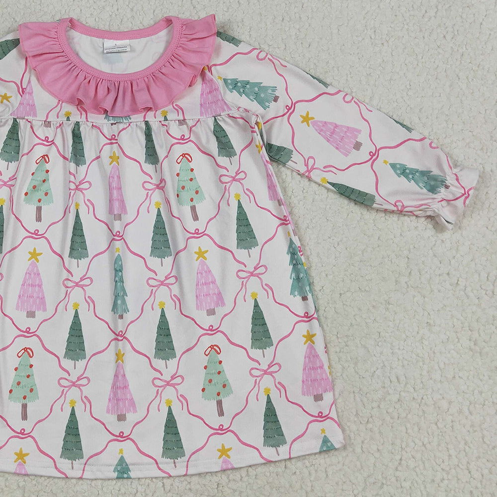 8.15 GLD1093 RTS NO MOQ Baby Girls Winter Dress baby girl clothes Christmas trees bow pink long sleeve dress