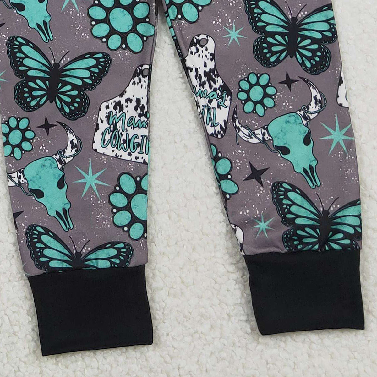12.26 RTS NO MOQ （In stock）GLP3254 Baby Girls Bull Skulls Butterfly Turquoises Top Pants Western Pajamas Sets