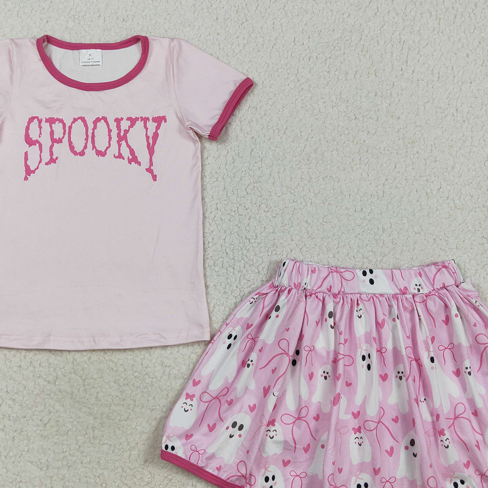 RTS NO MOQ （In stock）GSD2776Baby Girls Skirt Sets Baby Girls Pink Spooky Top Ghosts Bows Plaid Skorts Halloween Set