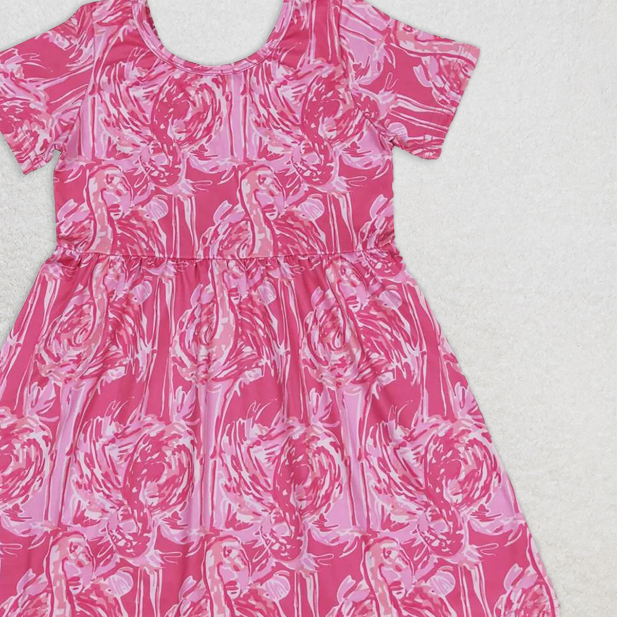 GSD1116 RTS NO MOQ Baby Girls Summer Dress Short sleeves hot pink watercolor flamingo girls summer dress