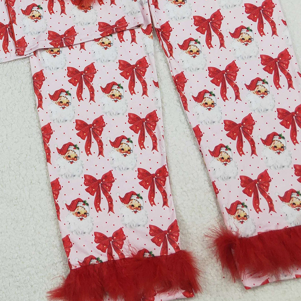 RTS NO MOQ （In stock）GLP2715 Adult women's pajamas set Red Bows Santa Button Top Pants Christmas Fur Pajamas Sets