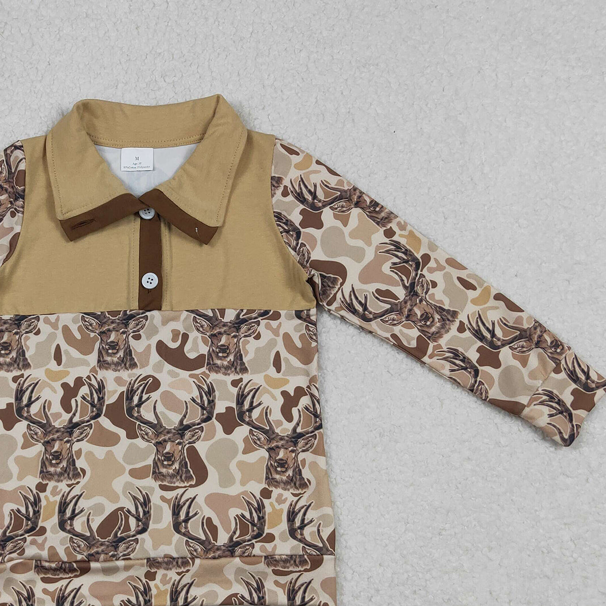 10.28 RTS NO MOQ （In stock）BT1338 Baby Boys Khaki Camo Deer Button Hunting Pullovers Top