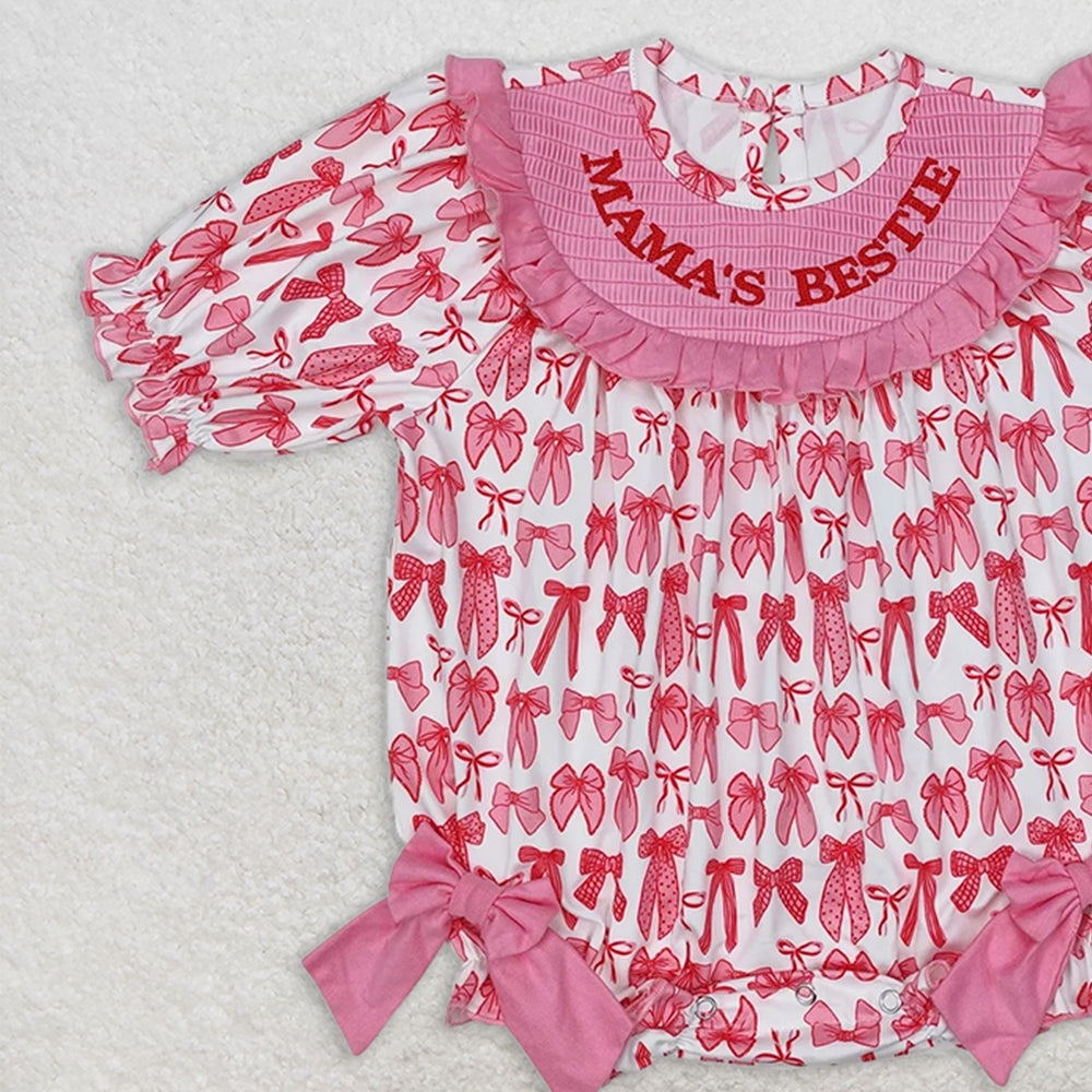 SR2620RTS NO MOQ Baby Girls Summer Rompers Short sleeves Mama's bestie smocked bow baby girls romper