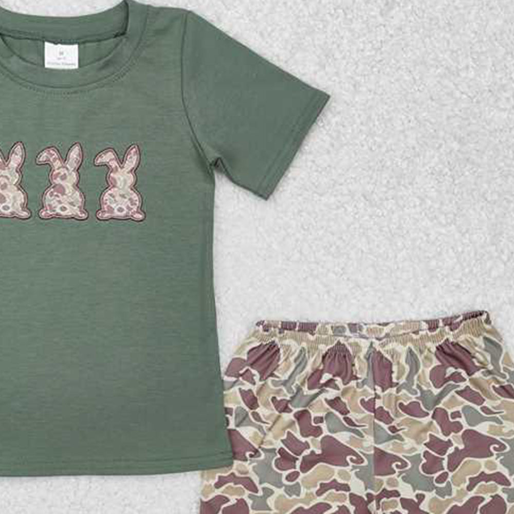 BSSO1004New Rts No Moq 8-9 Days By Air Arrived it Boys Camouflage Bunny Short Sleeve Top with Camouflage Shorts Easter Themed Outfit Set for Kids