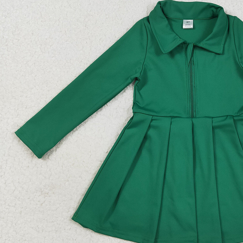 RTS NO MOQ （In stock）GLD1148 Baby Girls Yoga Dress Baby Girls Green Long Sleeves Zipper Yoga Athletic Knee Length Dresses