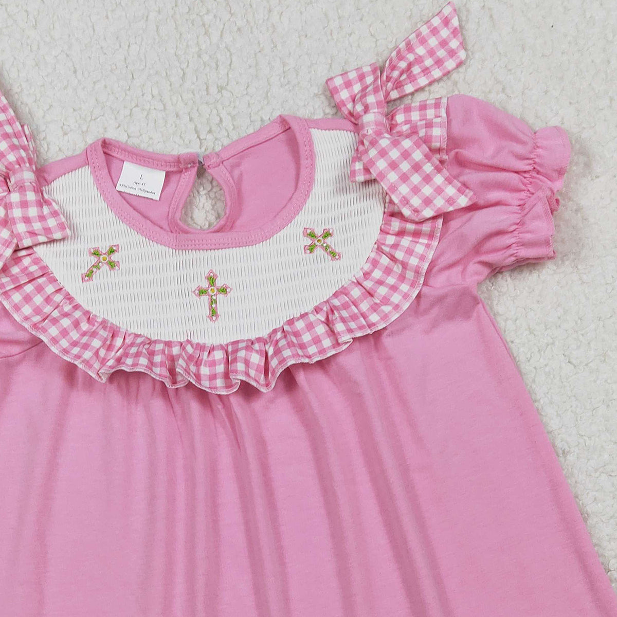 1.13 RTS NO MOQ （In stock）GSD3178 Smocked Crosses Baby Girls Short Ruffle Sleeve Easter Knee Length Dresses
