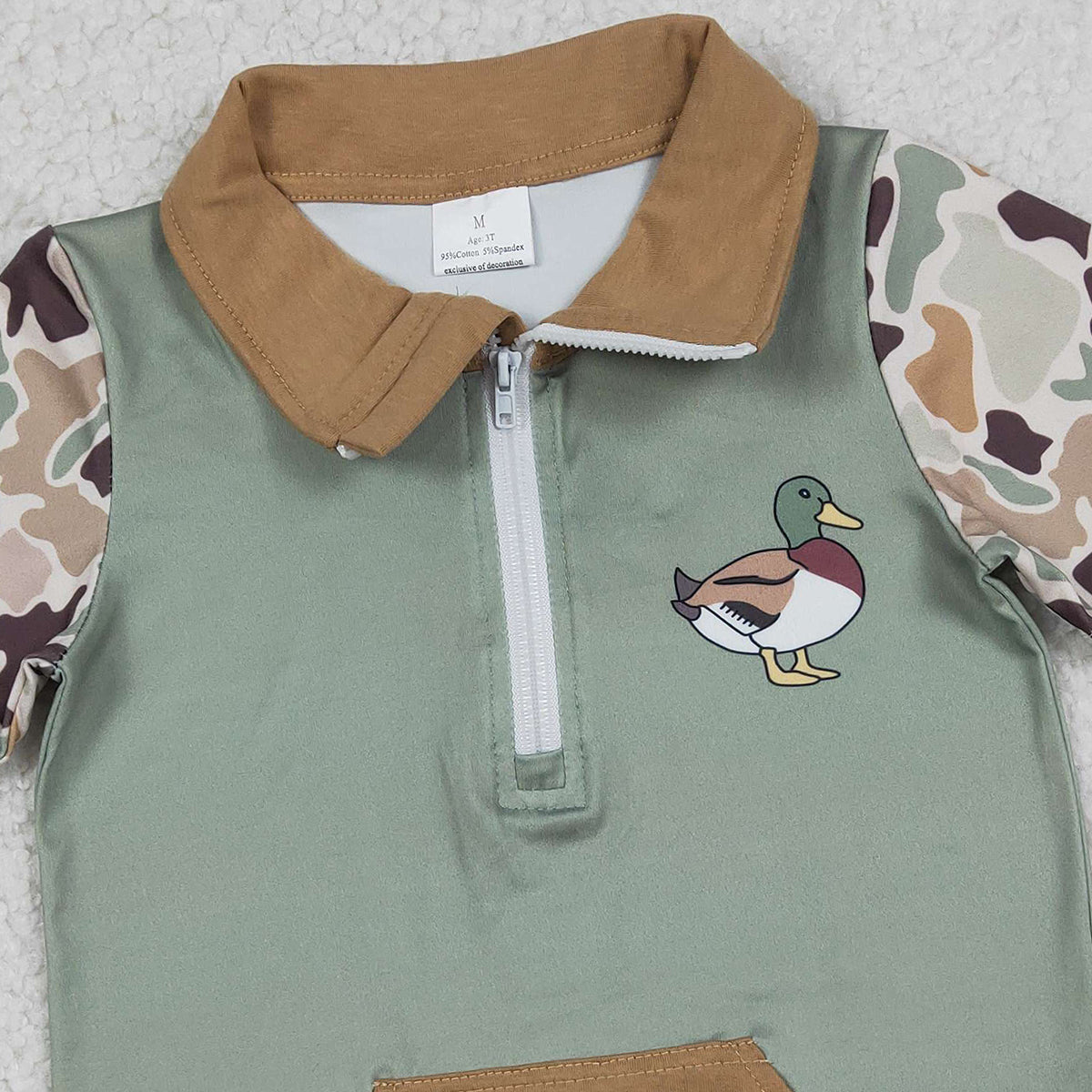 12.25 RTS NO MOQ （In stock）BT1530 Baby Boys Southern Camo Short Sleeve Ducks Zip Pockets Hunting Pullovers Top