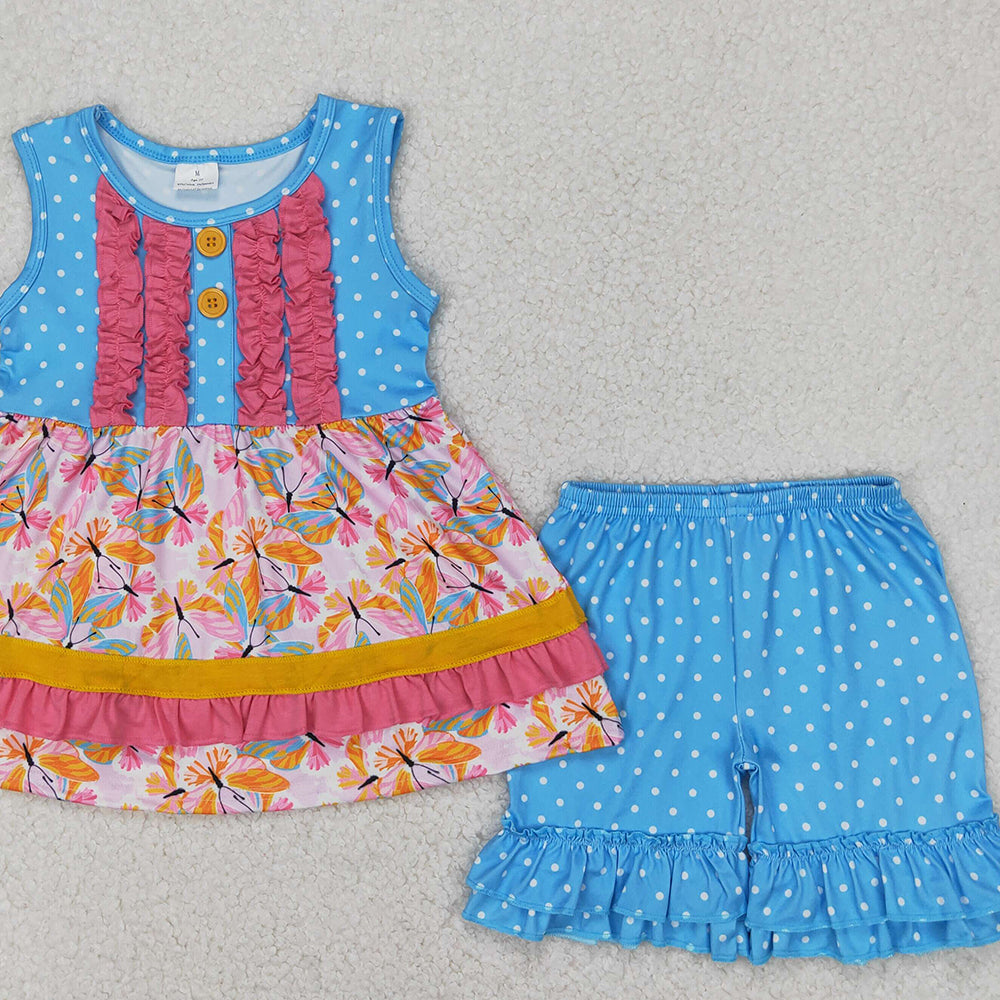 4.21 GSSO2199 RTS NO MOQ Baby Girls Summer Outfits  Baby Girls Butterfly Ruffle Tunic Shorts Clothes Sets