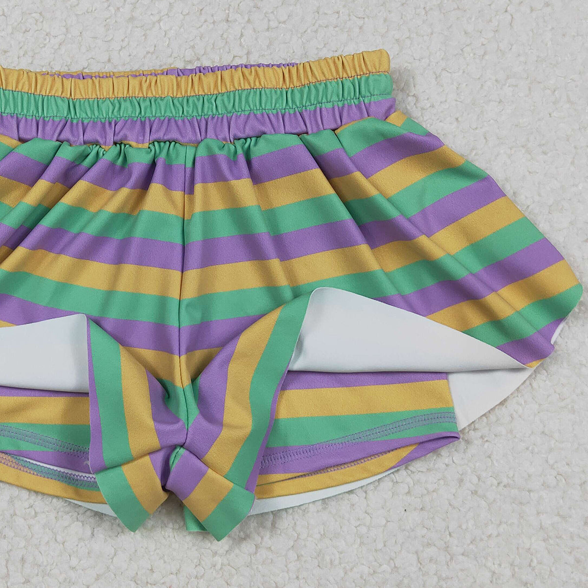 11.13 RTS NO MOQ （In stock）SS0685 Baby Girls Mardigras Stripes Yoga Active Ruffle Shorts Bottoms