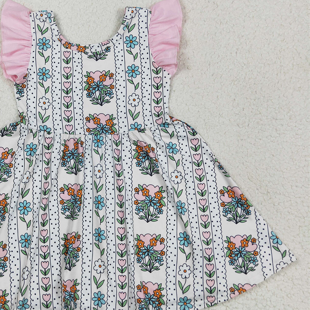 GSD2527 RTS NO MOQ Baby Girls Summer Dress Baby Girls Pink Flutter Sleeves Floral Stripe Knee Length Dress