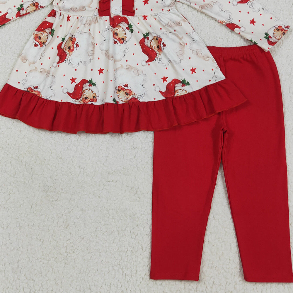 RTS NO MOQ （In stock）GLP2558 Baby Girls Winter Outfits Baby Girls Long Sleeves Santa Stars Button Tunic Legging Pant Set