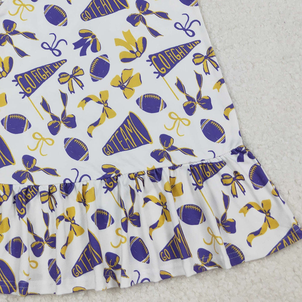 RTS NO MOQ （In stock）GSD2784 Baby Girls Summer Dress Flutter Sleeves Purple Cheer Bows Team Knee Length Dresses