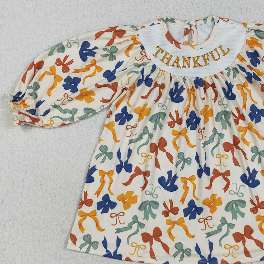 RTS NO MOQ （In stock）GLD1086 Baby Girls Winter Dress Smocked Embroidery Baby Girls Thanksgiving Thankful Colorful Bows Knee Length Dresses