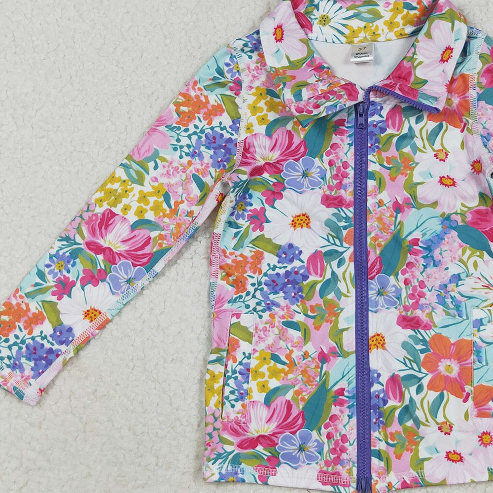 RTS NO MOQ （In stock）GT1061 Baby Girls  Yoga Tops Baby Girls Long Sleeves Pink Lavender Floral Pockets Zipper Yoga Jackets