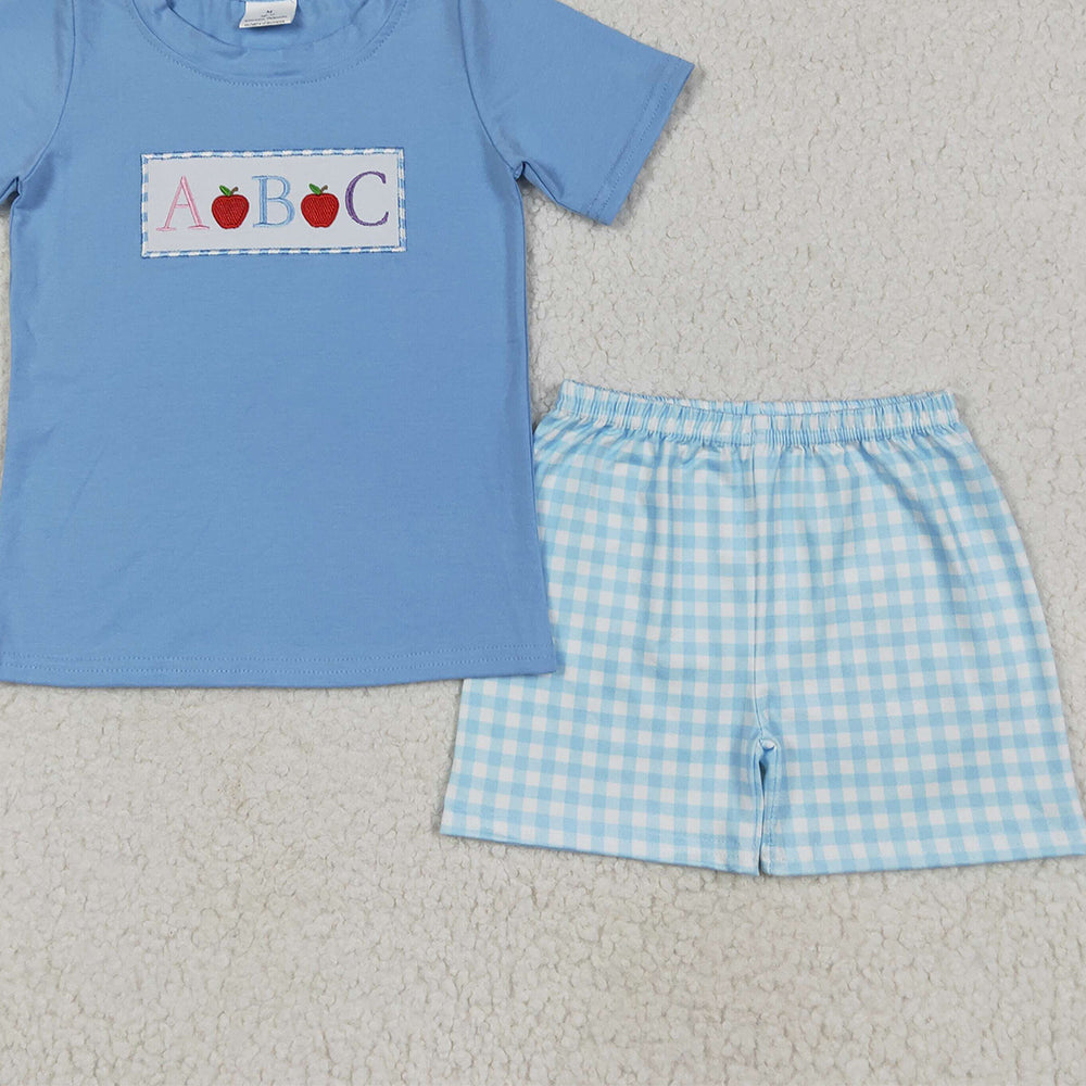 7.01 BSSO1331RTS NO MOQ Baby Boys Summer Boys Outfits Baby Boys Blue Embroidery Apple ABC Top Plaid Shorts Back To School Clothes Sets
