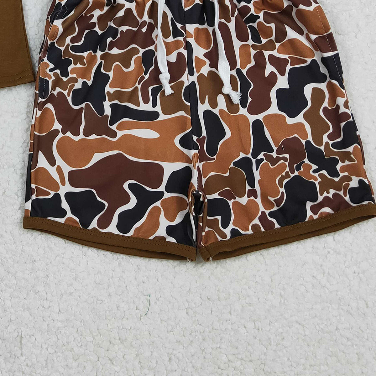 12.2 RTS NO MOQ （In stock）BSSO1575 Embroidery Camo Deer Baby Boys Brown Top Shorts Hunting Clothes Sets
