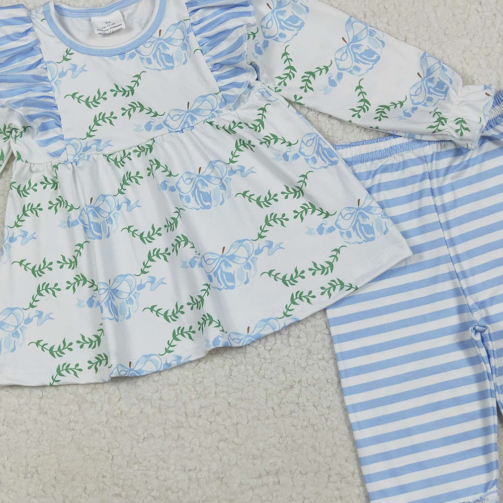 RTS NO MOQ （In stock）GLP1548 Baby Girls Winter Outfits Baby Girls Pumpkins Bows Tunic Top Stripes Pants Fall Clothes Sets