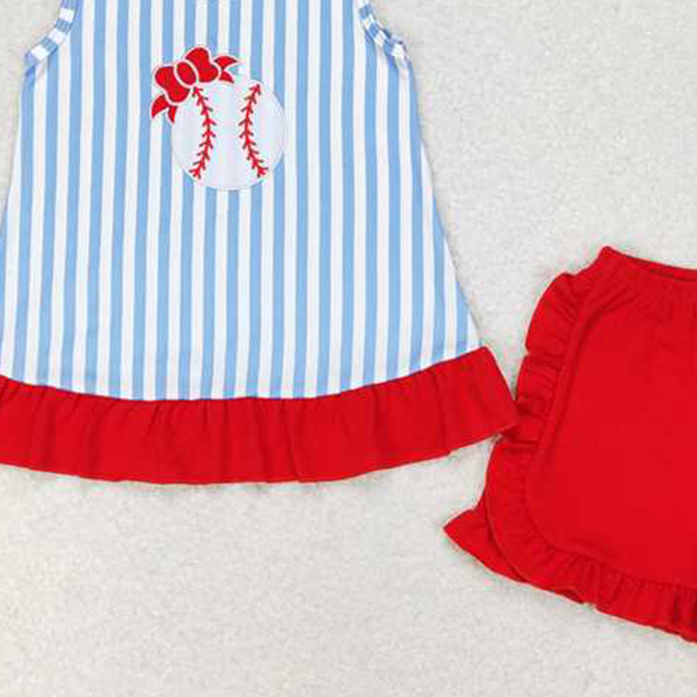 5.16  GSSO1019 RTS NO MOQ Stripe baseball bow top ruffle shorts girls clothes