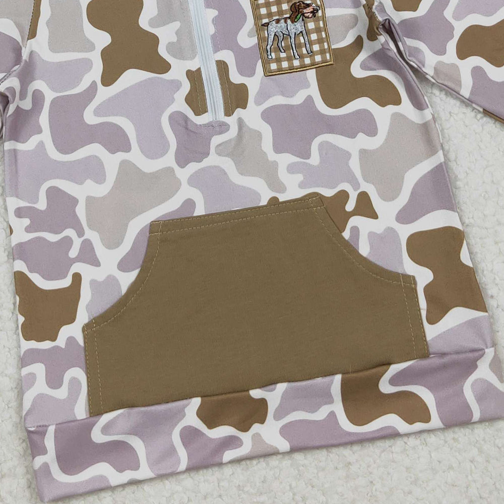 10.10 RTS NO MOQ （In stock）BT1302 Embroidery Dog Duck Baby Boys Camo Pocket Zipper Hunting Hoodies Top