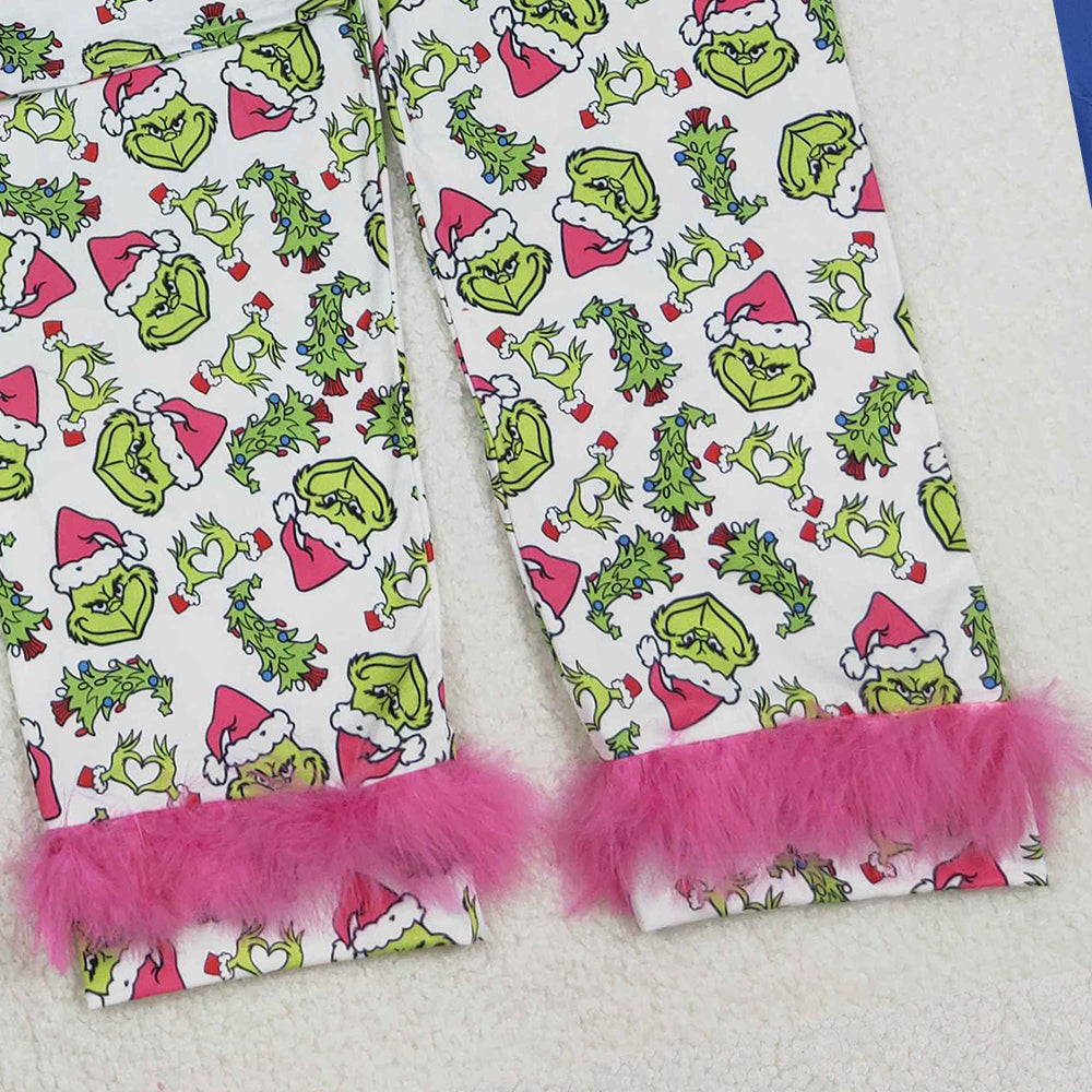 RTS NO MOQ （In stock）GLP2648 Adult women's pajamas set Pink Fur Christmas Pajamas with Green Face Button down Sleepwear for Holiday Comfort