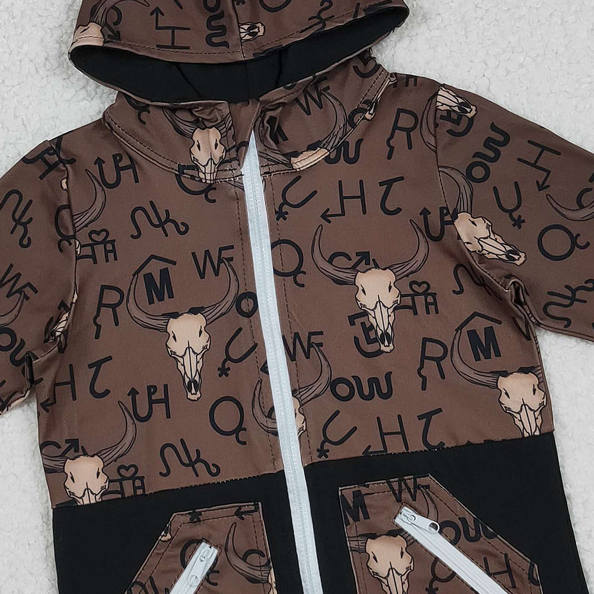 11.12 RTS NO MOQ （In stock）BT1337 Baby Boys Brown Bull Skulls Pocket Zipper Western Hoodies Jackets Top