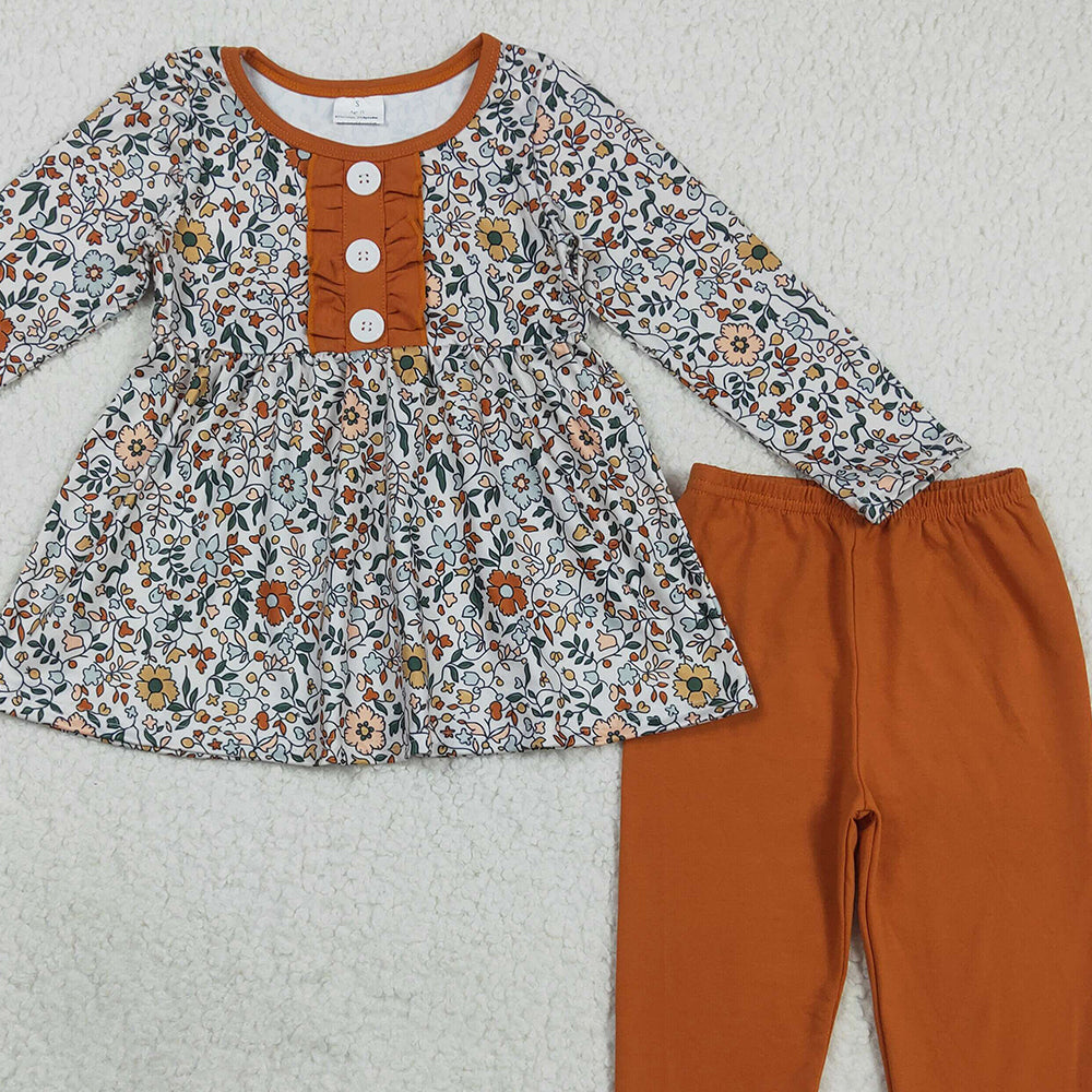 8.22 RTS NO MOQ （In stock）GLP2404 Baby Girls Winter Outfits Baby Girls Fall Orange Floral Button Tunic Icing Legging Outfits Sets
